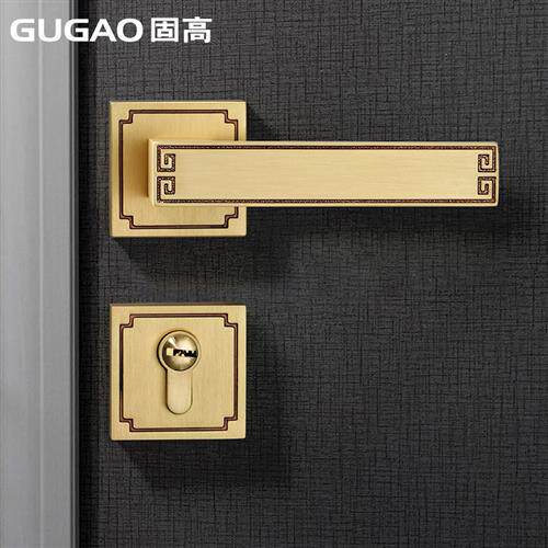 新中式古铜室内卧室房门锁磁吸E静音分体门把手金色房间木门锁