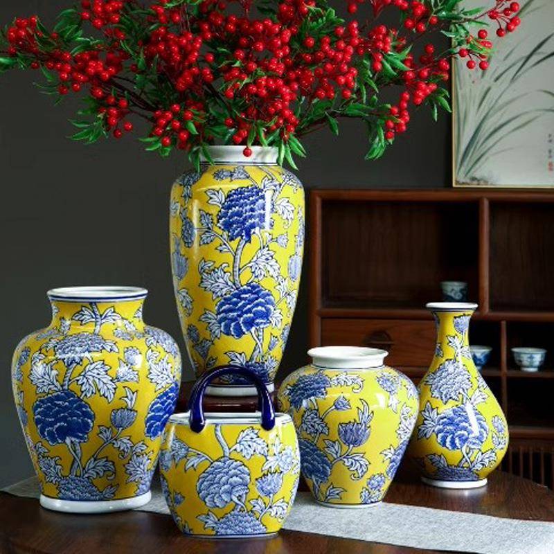 黄色花瓶可水培插花摆件玄关博古架装饰新中式青花家装装饰花瓶