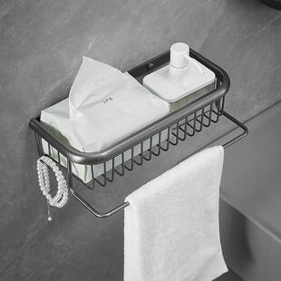 全铜拉丝枪灰浴室置物架卫生间四方形网篮壁挂架子带挂钩带毛巾杆