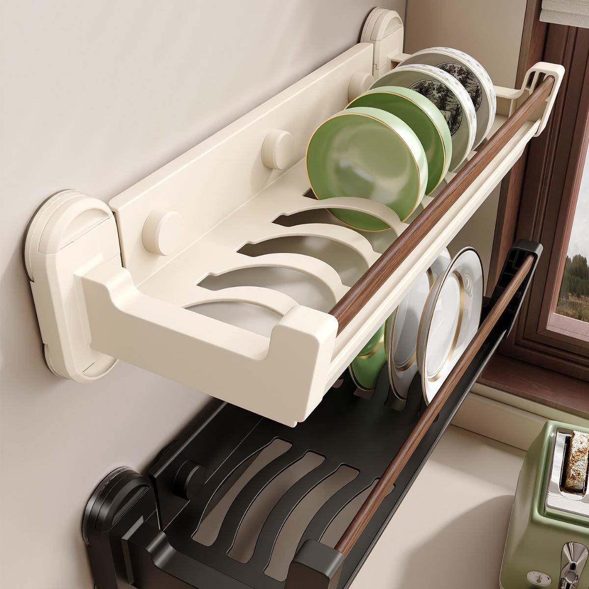 胡桃吸盘碗架收纳架免打孔厨房置物架壁挂墙上碟架放碗盘沥水架子