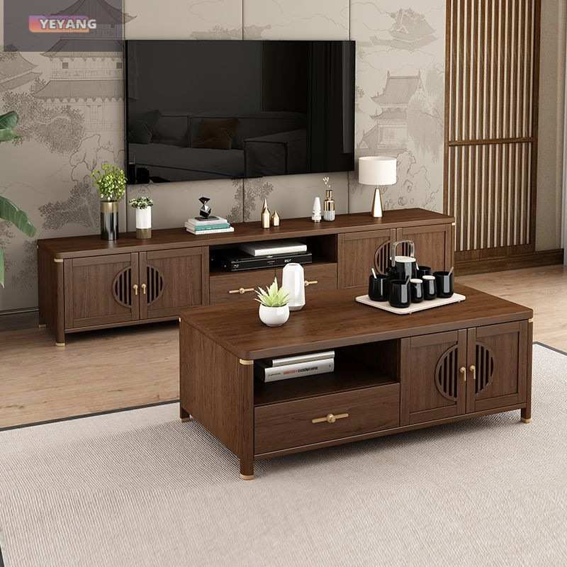 新中式现代简约家用电视柜茶几组合套装一体收纳储物柜靠墙落地