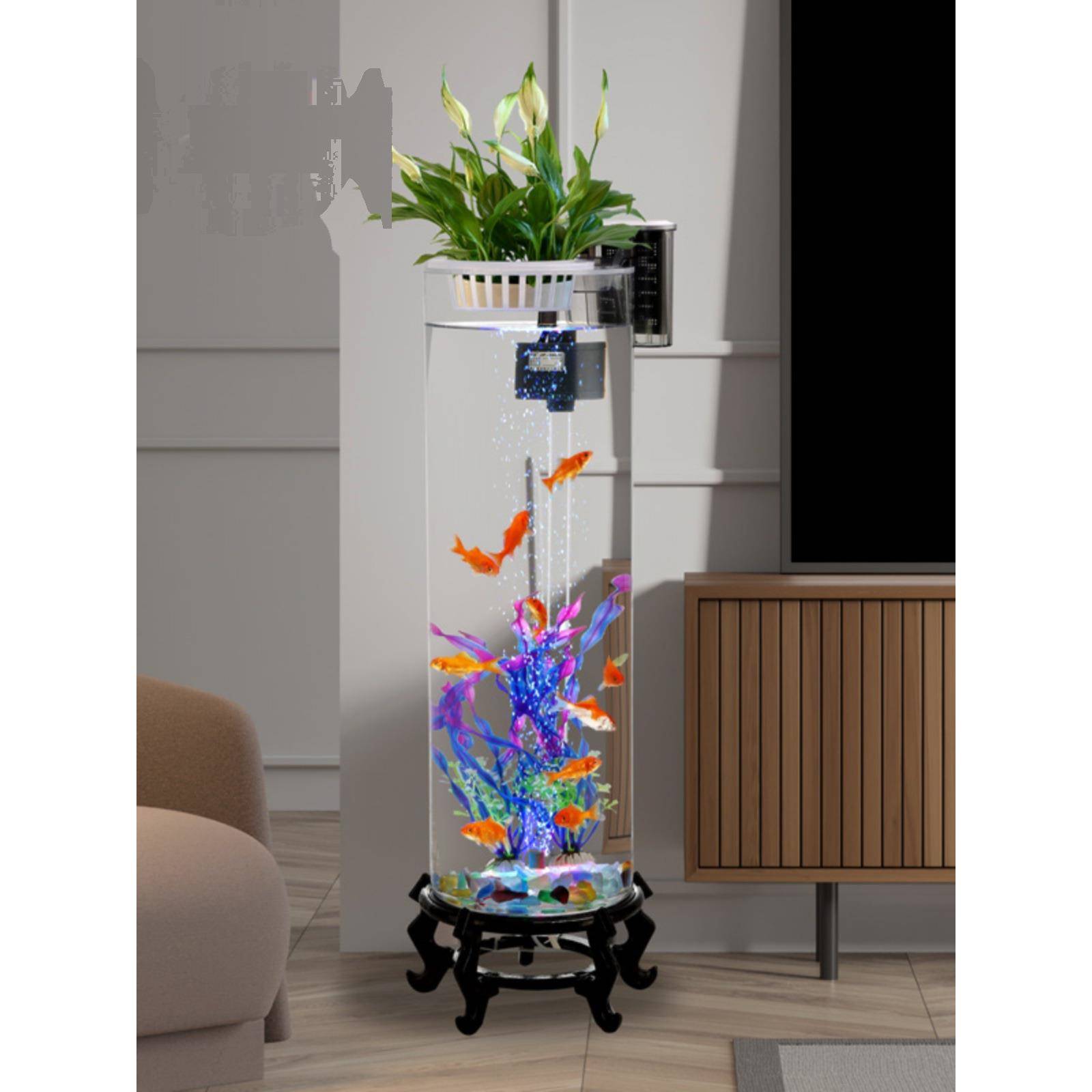 新款客厅落地圆柱形过滤充氧玻璃鱼缸养鱼水培一体带灯光充氧底座
