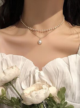 韩版ins超仙小众双层仿珍珠吊坠项链女简约气质choker颈链锁骨链
