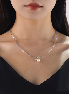 日韩天然淡水珍珠水晶项链女轻奢小众精致日常百搭连衣裙链高级感