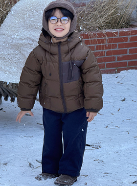 Pawn Tiger2025冬季儿童棕色90白鸭绒羽绒服加厚连帽拼色羽绒服