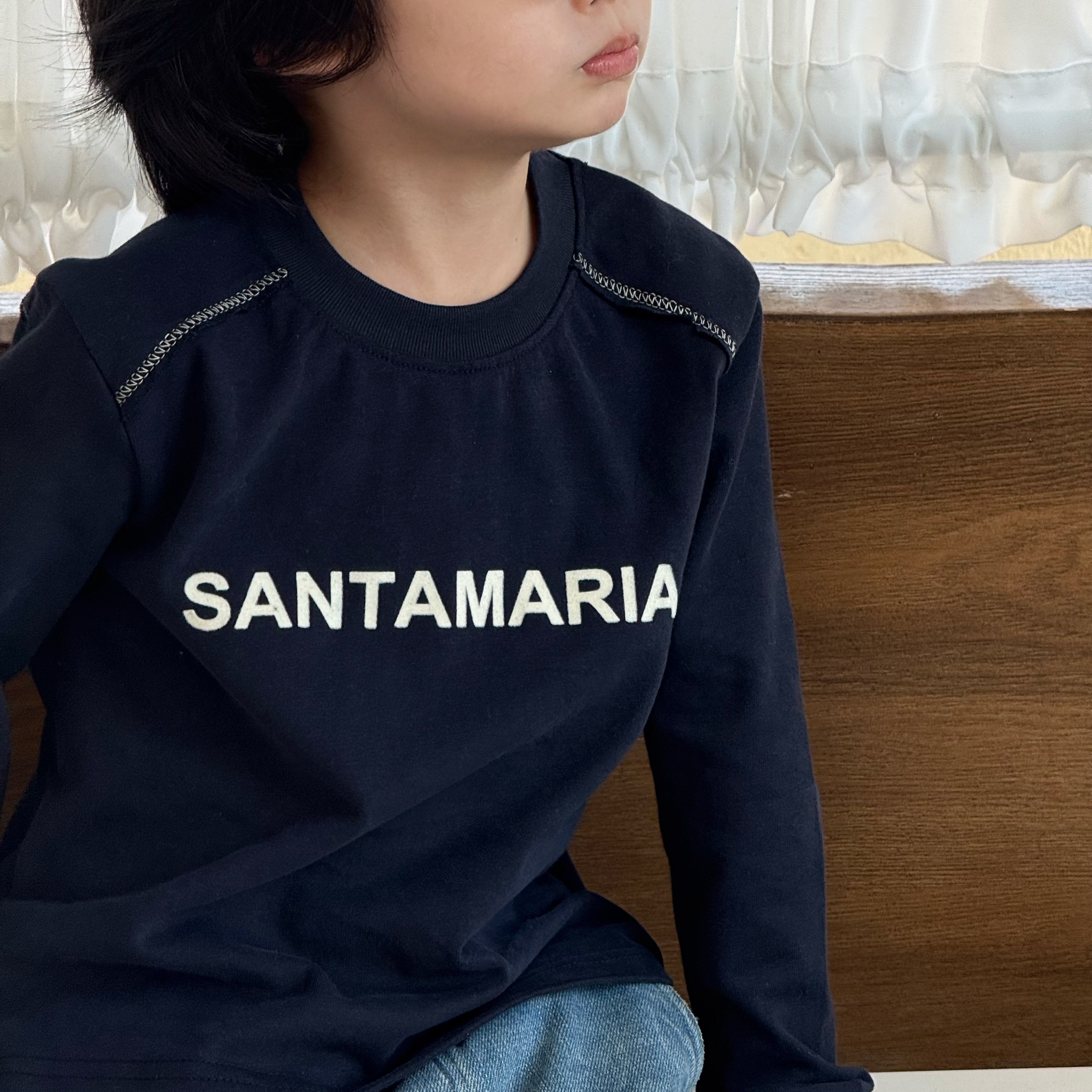 儿童藏青纯棉植绒长袖T恤