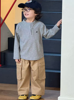 Pawn Tiger2025秋季儿童设计感山系灰色刺绣卫衣运动户外长袖T恤