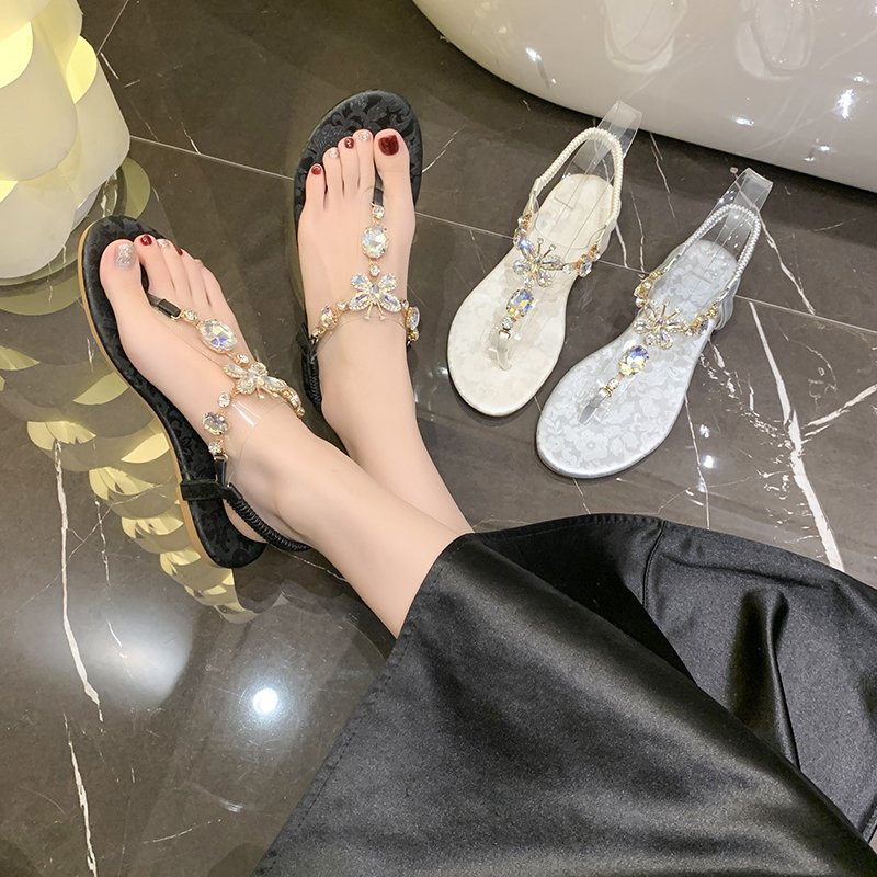 仙女风水钻夹趾平底凉鞋外穿