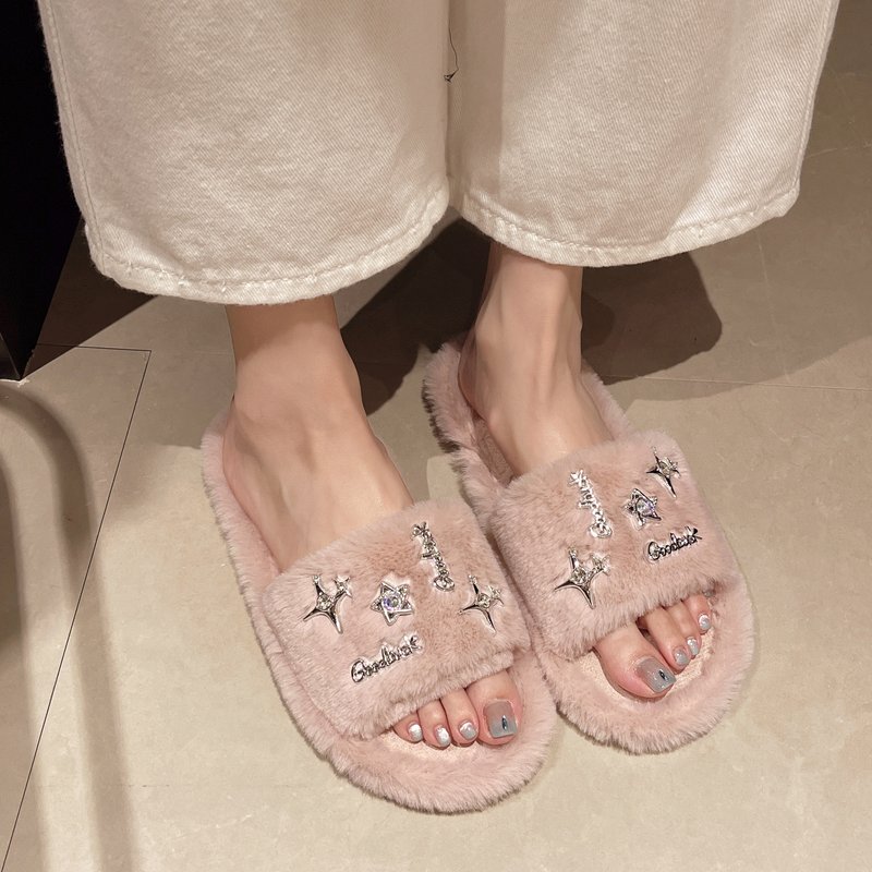 水钻毛毛布拖鞋女厚底防滑2024