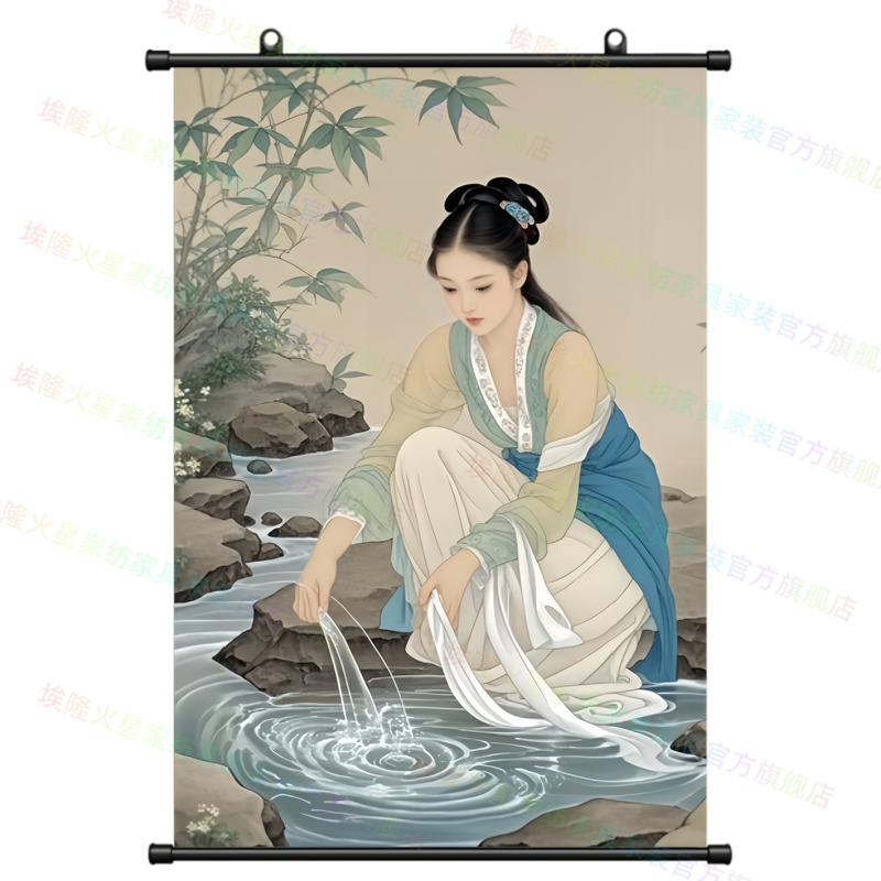 古色古香西施浣纱彩绘艺术卷轴挂