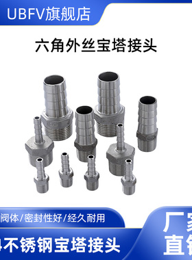 304不锈钢六角外丝皮管直接头竹节直通接头