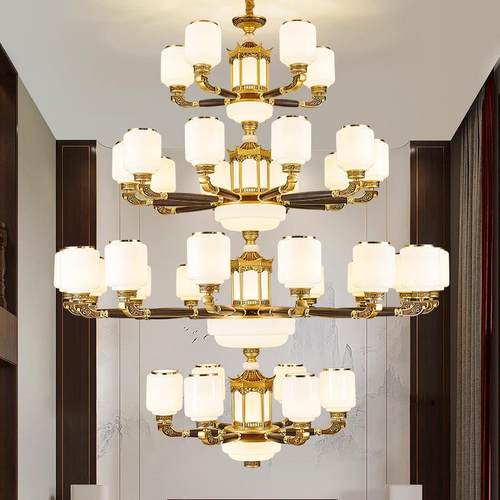 复式楼大吊灯新中式别墅挑空客厅大灯中空楼中楼2023新款实木灯具