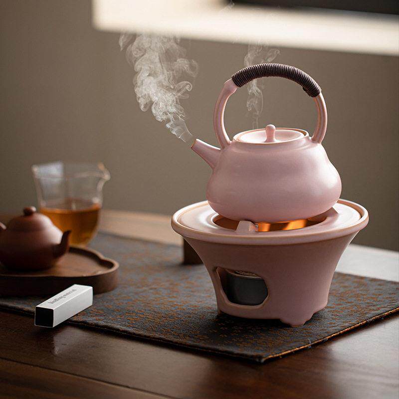 围炉煮茶套装烤奶壶室内酒精炉底座煮茶器陶壶侧把提梁茶壶粉色
