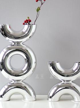 现代简约X型树脂电镀银色花瓶售楼处样板间客厅餐厅插花软装饰品