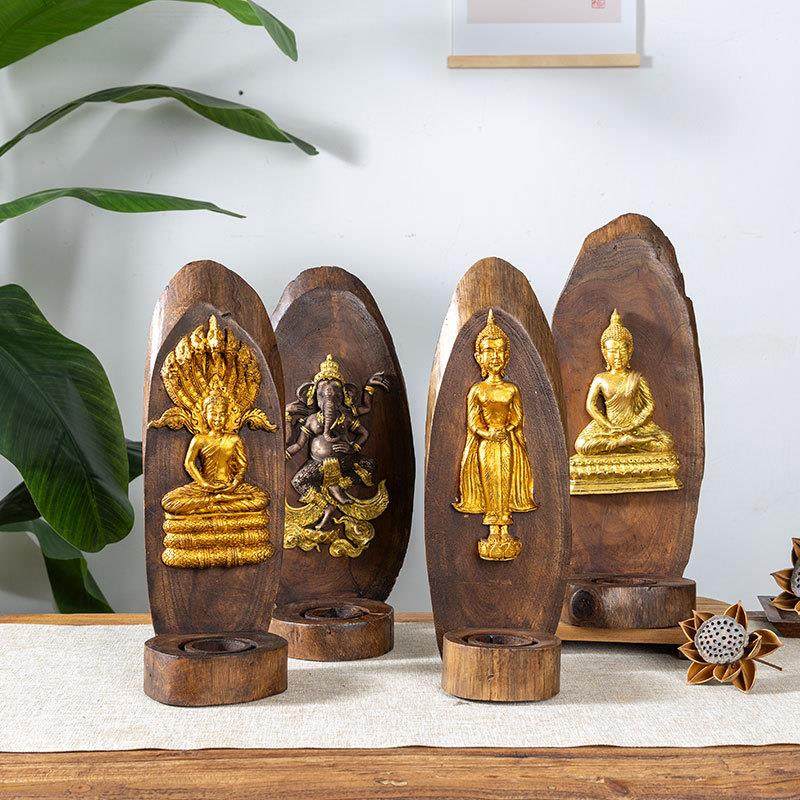东南亚实木壁挂防风蜡烛台灯复古做旧装饰佛像象鼻神禅意个性摆件