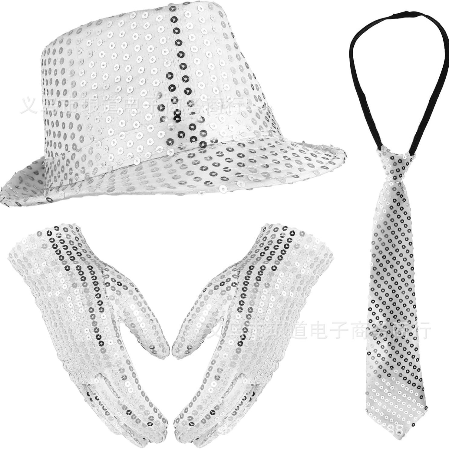 DISCO舞台表演亮片帽子领带手套套装迈克尔杰克逊装扮配饰