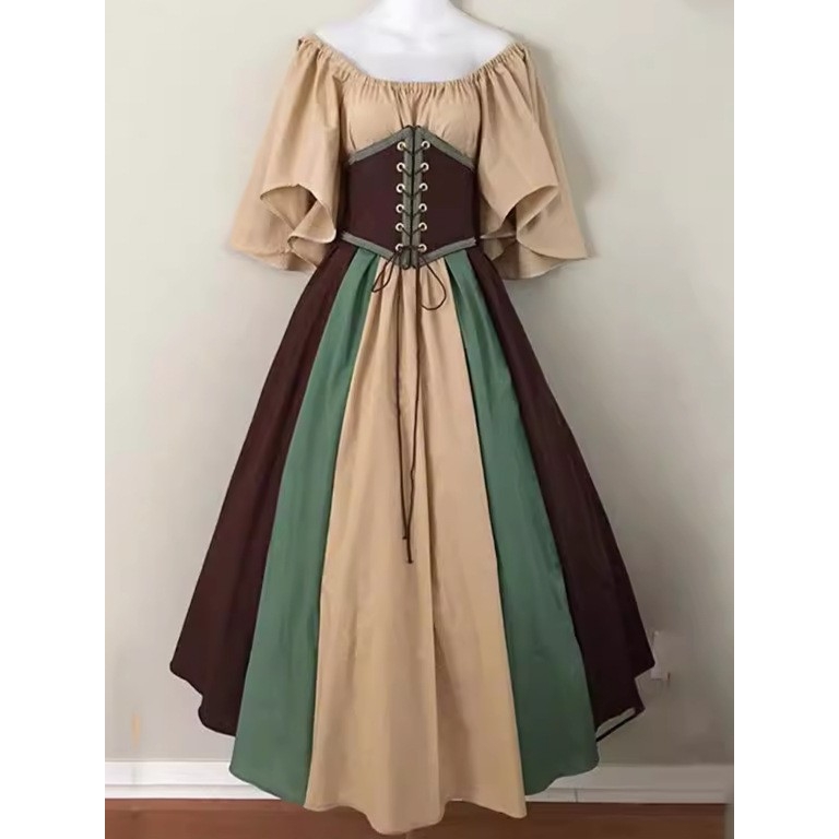 中世纪复古撞色修身连衣裙飞飞袖大摆裙cos服演出舞台服