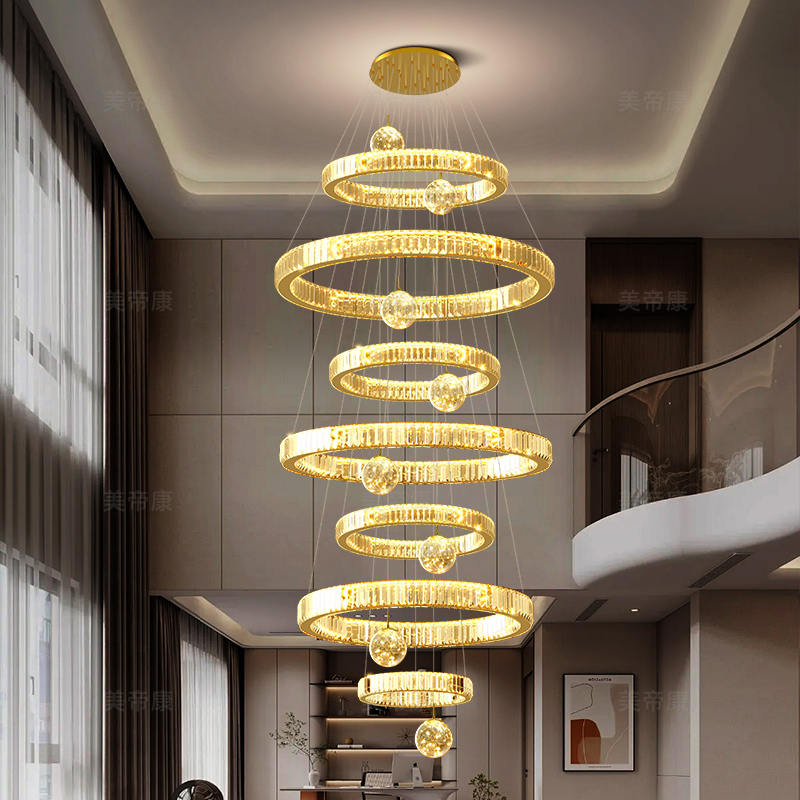 复式楼大吊灯22年新款满天星水晶长吊灯自建房别墅挑空客厅吊灯
