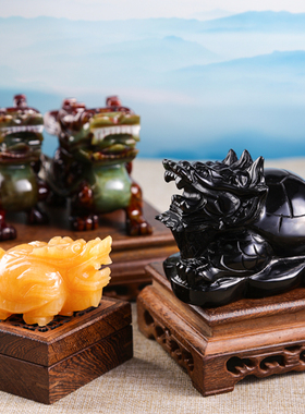 复古岫玉龙龟 黑曜石雕黄玉石头家居客厅办公室装饰 龙头