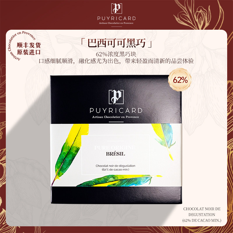 PUYRICARD法国进口手工巧克力排巧巴西单源可可豆黑巧62%高端零食