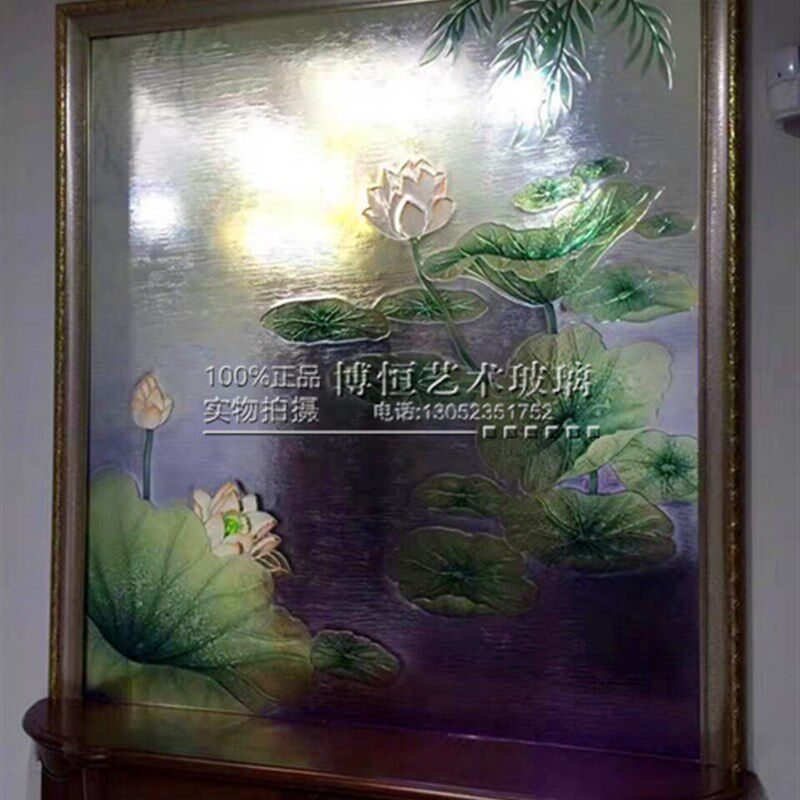 定制钢化艺术玻璃中式浮雕 彩色工艺玻璃背景客厅入户玄关隔断