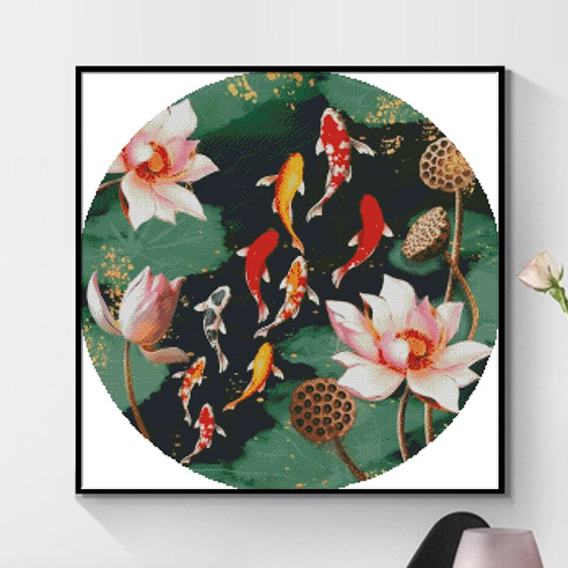 圆形荷花九鱼260-260  新款十字绣套件 客厅卧室 精准印花