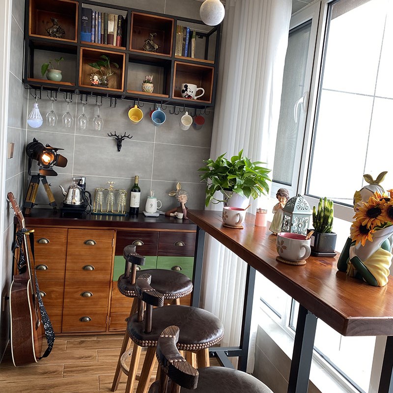 阳台吧台桌椅组合家用茶水吧台柜水吧台美式铁艺实木咖啡吊柜杯架