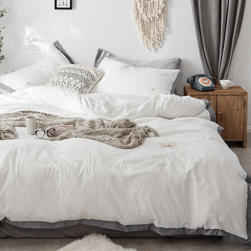 日式简约纯色水洗棉民宿四件套白色酒店风床单床笠被套单双人床品