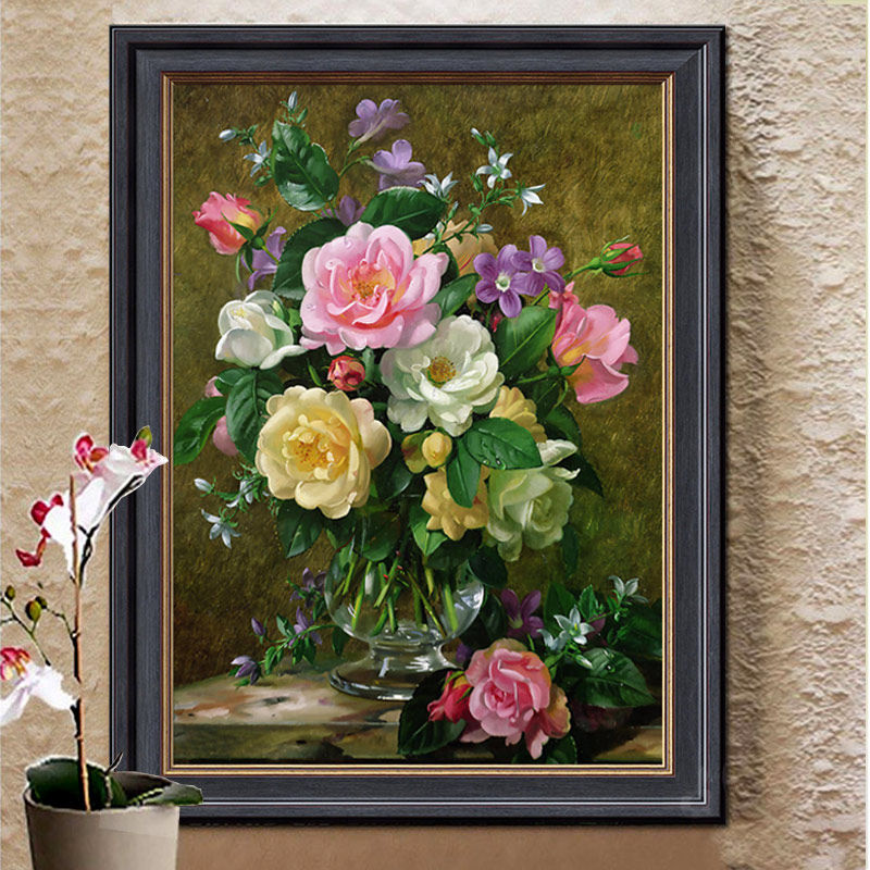 花瓶玫瑰十字绣小件2020新款线绣客厅小幅油画卧室餐厅自己绣手工