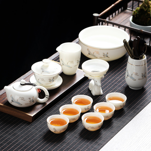 家用羊脂玉茶杯功夫白瓷泡茶壶盖碗整套陶茶洗六君子高档 茶具套装