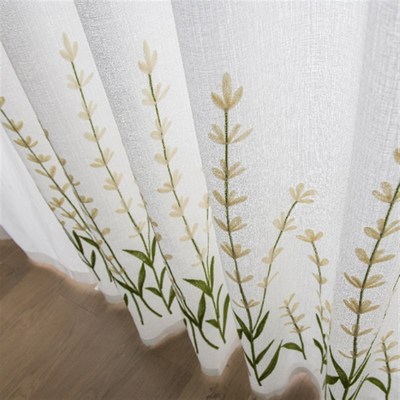 透光不透人免打孔窗纱田园小清新白纱半遮光卧室绣花飘窗窗帘纱帘