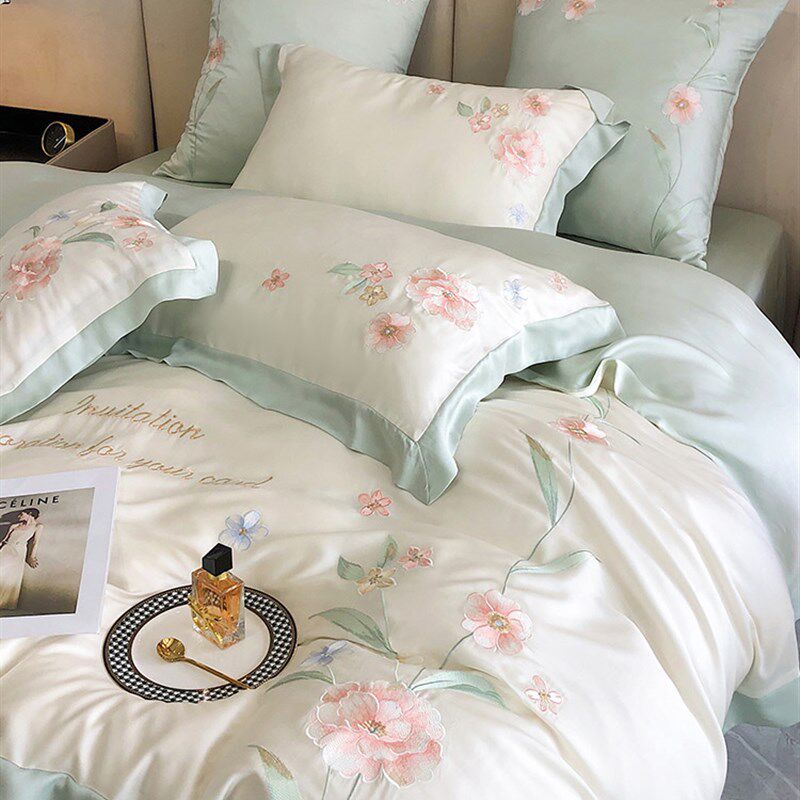 小清新80支双面兰精天丝四件套田园花卉刺绣凉感被套春夏床上用品