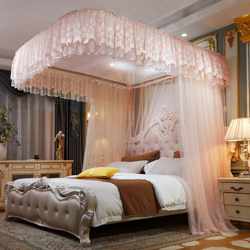 2021欧式高档新款导轨蚊帐加密加厚公主风家用三开门落地U型轨道