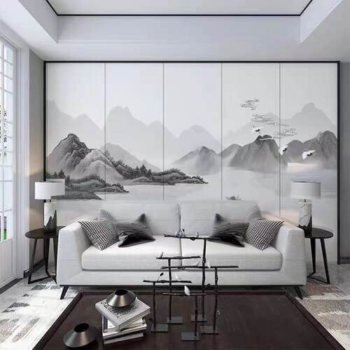 热卖新中式壁画硬包背景墙花鸟山水水墨软包电视沙发床头客厅酒店