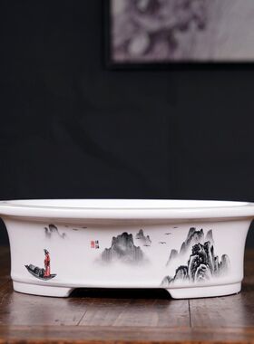 精品花盆陶瓷大号彩绘贴画椭圆形盆景盆中国风多肉绿植盆栽盆新款