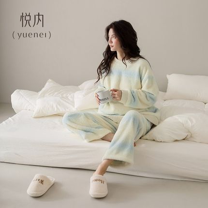 悦内半边绒睡衣女秋冬季冬款珊瑚绒加绒保暖家居服圆领Y套头软绵