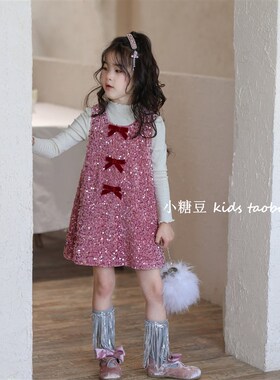 女童粉色亮片蝴蝶结背心裙连衣裙2B025秋季新款女孩公主裙生日礼