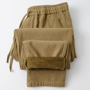 棉麻棕色长裤 运动卫裤 男秋冬加绒加厚商务棉裤 三伦宽松直筒休闲裤