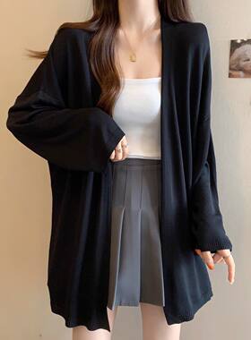 大码黑色针织开衫薄款女夏季防晒外搭胖mm显瘦宽松中长款冰丝外套