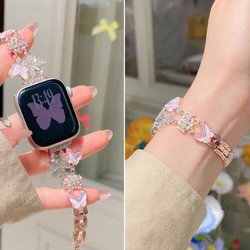 闪闪镶钻蝴蝶适用AppleWatchS10/11代金属手链苹果iwatch9/876/SE