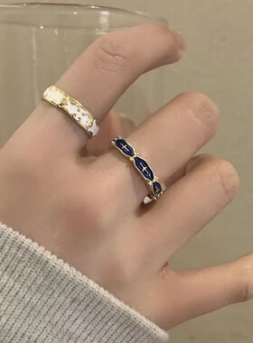 复古珐琅滴油花纹戒指女ins小众设计蓝色食指戒时尚个性百搭指环