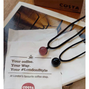 黑曜石锁骨链草莓晶情侣项链一对黑绳大珠子水晶吊坠生日礼物