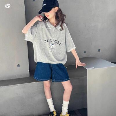 女童夏季plo衫套装2026年裤中大童花边半袖字母T牛恤仔o直筒短裤