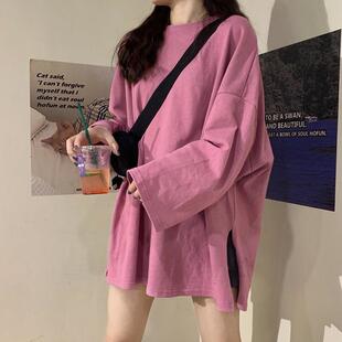 慵外懒风开叉纯色长女袖t恤女 韩国装货源宽松秋贸上衣打底衫