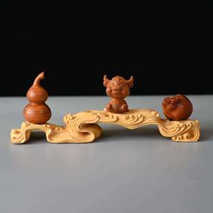 水浪底座黄杨木雕刻摆件木质工艺品文玩摆饰架子家居客厅装饰