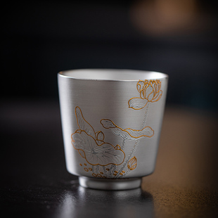 荷韵主人杯鎏银茶杯荏仟堂汝窑陶瓷个人茶杯功夫茶具银杯子泡茶杯