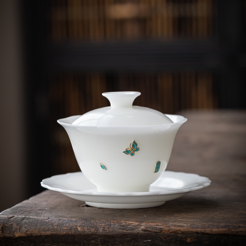 荏仟堂白瓷盖碗冰种蝴蝶泡茶盖碗功夫泡茶神器家用陶瓷茶具礼盒