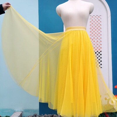 黄色半身裙秋冬a字显瘦松紧腰惊艳裙子四层网纱长裙亮片大摆裙