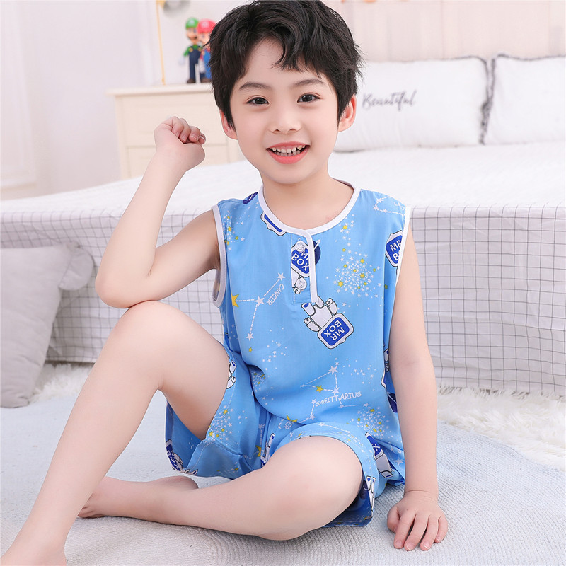 夏季儿童睡衣薄款宝宝空调居家服无袖短裤男童绵绸套装小童男孩薄