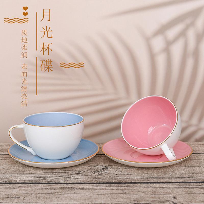 陶瓷杯碟色釉大容量金边咖啡杯子时尚广告礼品下午茶骨瓷杯碟